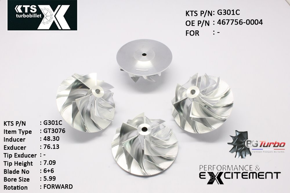 Turbo ROUE FORGÉE MFS PERFORMANCE - 6+6 PALES - INDUCER : 54,97 - EXDUCER : 76,13 - TYPE : GT3076ANGLE : 45° - ROTATION : Forward - SUPER BACK : 2,36 - BORE SIZE : 5,99
